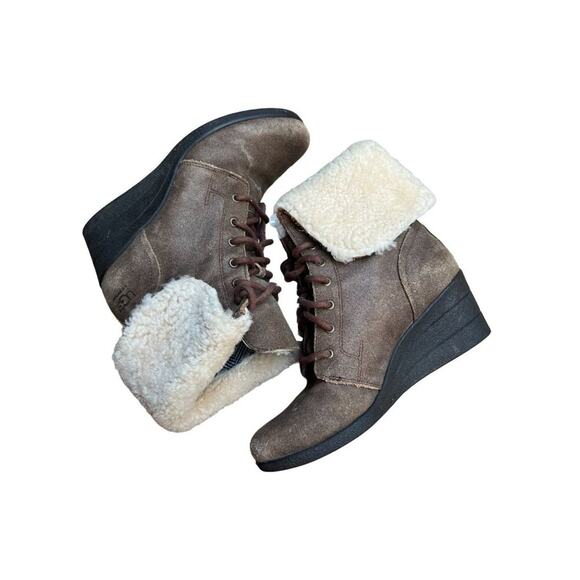 Ugg Australia Womens Zea Brown Leather Waterproof Wedge Boots Size 8 - Picture 2 of 8